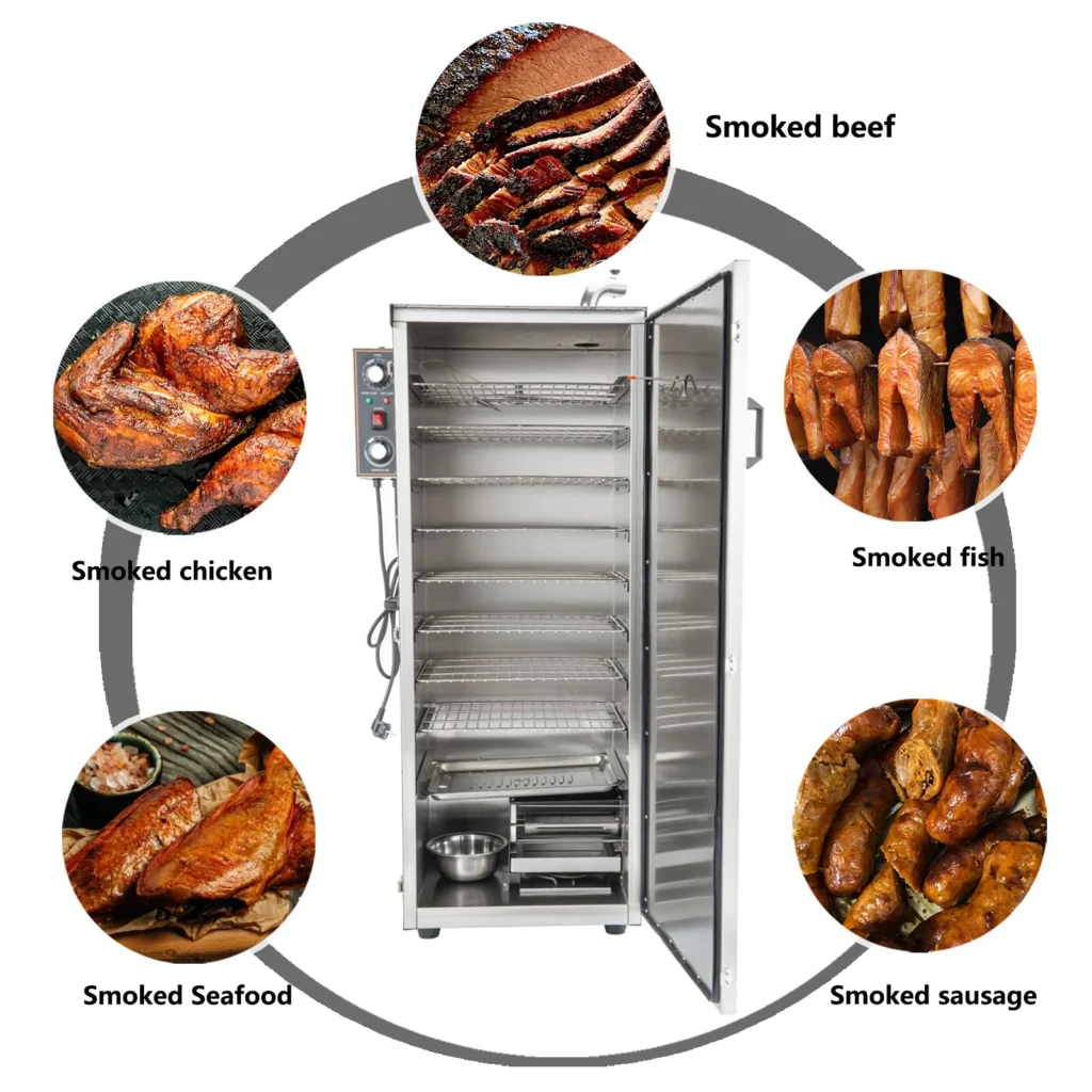 Hakka smoker with door open and food suggestions