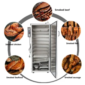 Hakka smoker with door open and food suggestions