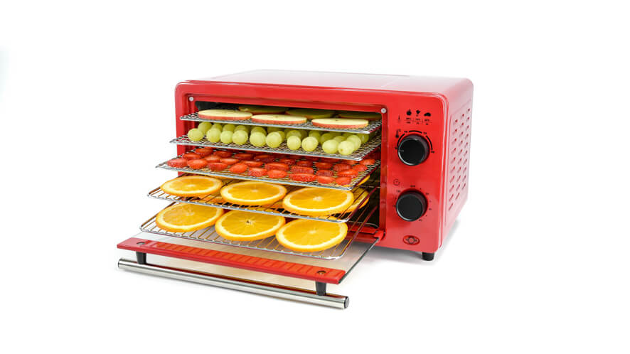 Status 5 tray food dehydrator open with fruit