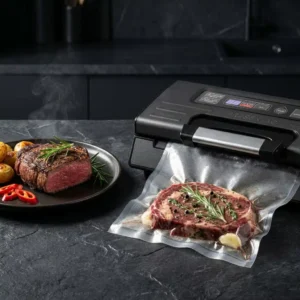 PreserVac VacMate vacuum sealer with steak in a vacuum bag