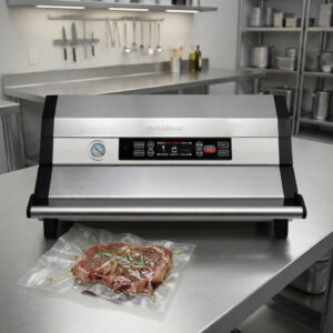 PreserVac VacBloke commercial vacuum sealer with a bag of vacuumed meat