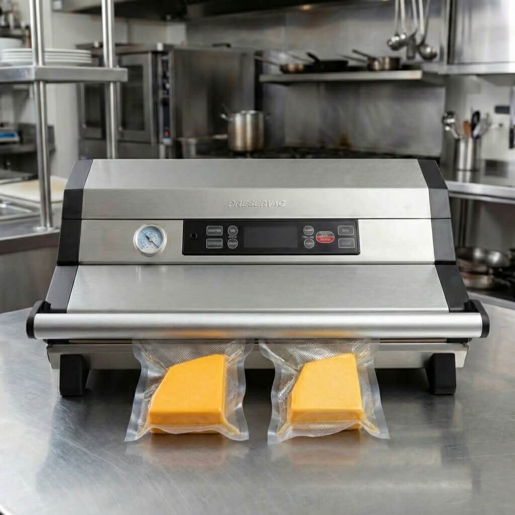 PreserVac VacBloke commercial vacuum sealer with 2 vacuumed bags