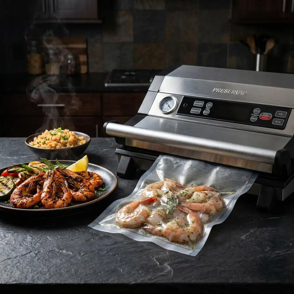 Preservac VacBro with vacuumed shrimp